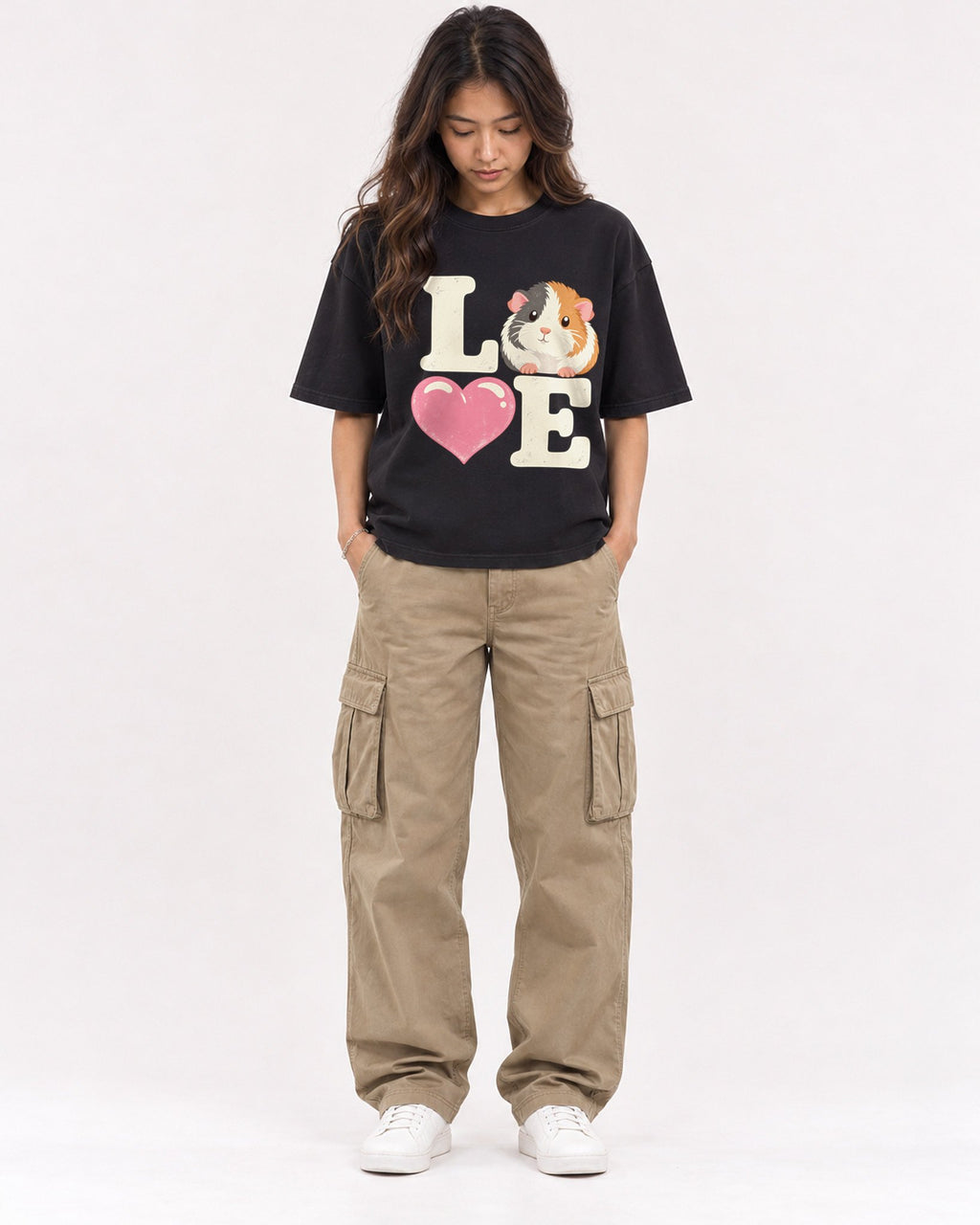 Mockup Boxy Heavyweight Tee Black female full-body 02