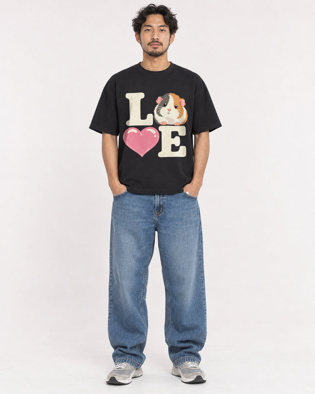 Mockup Boxy Heavyweight Tee Black male full-body 02