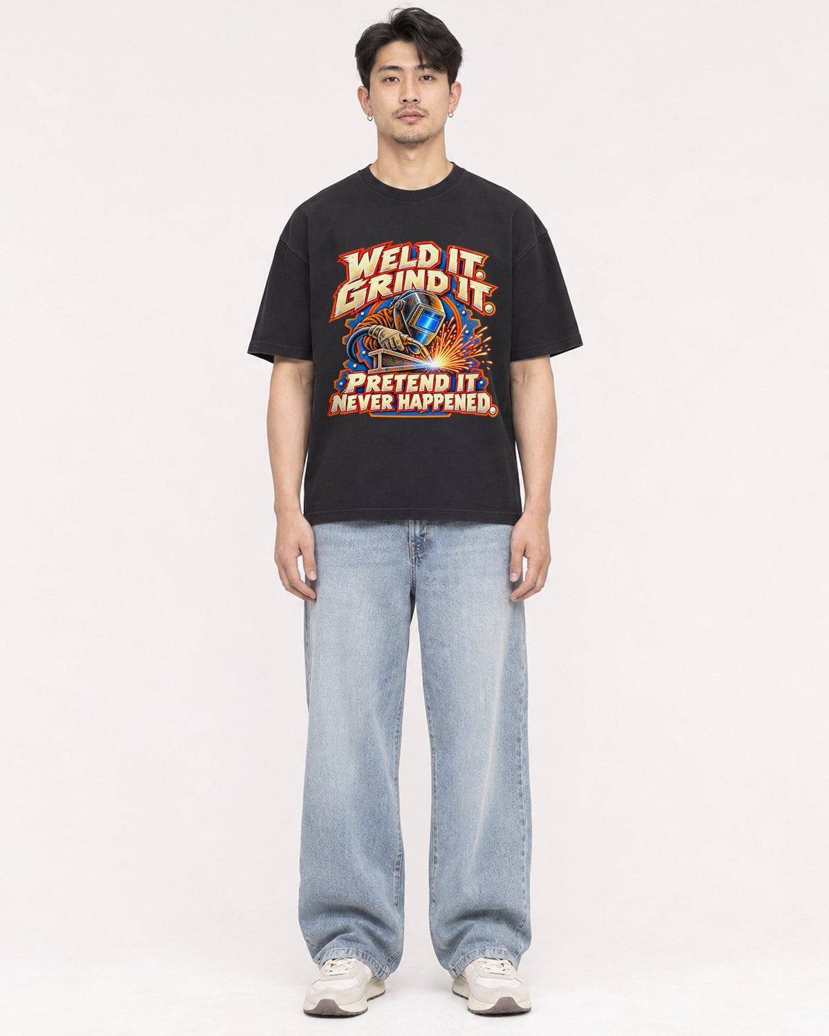 Mockup Boxy Heavyweight Tee Black male full-body 13