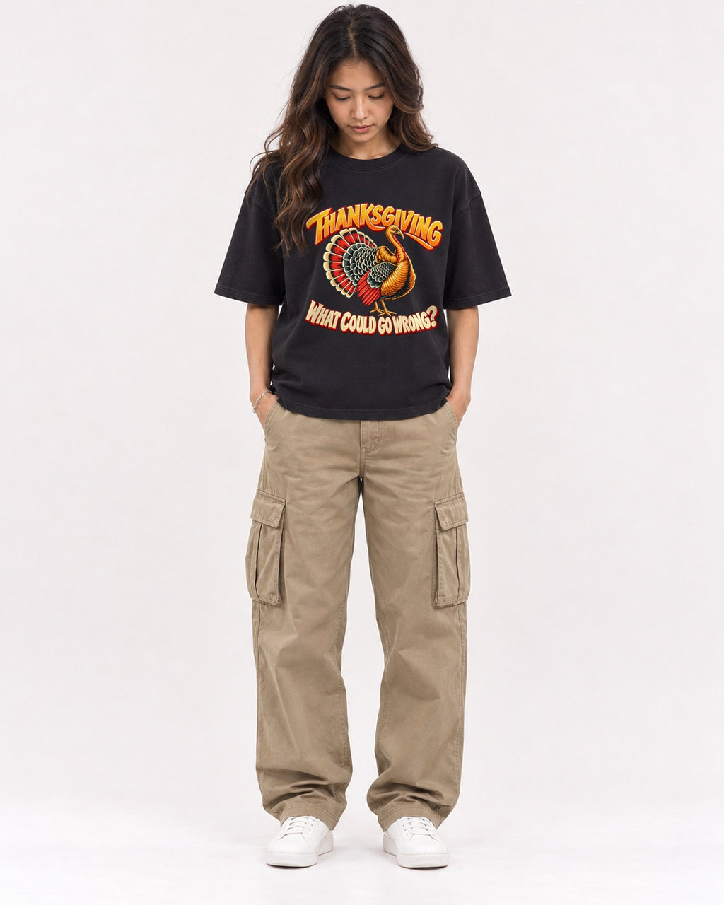 Mockup Boxy Heavyweight Tee Black female full-body 02