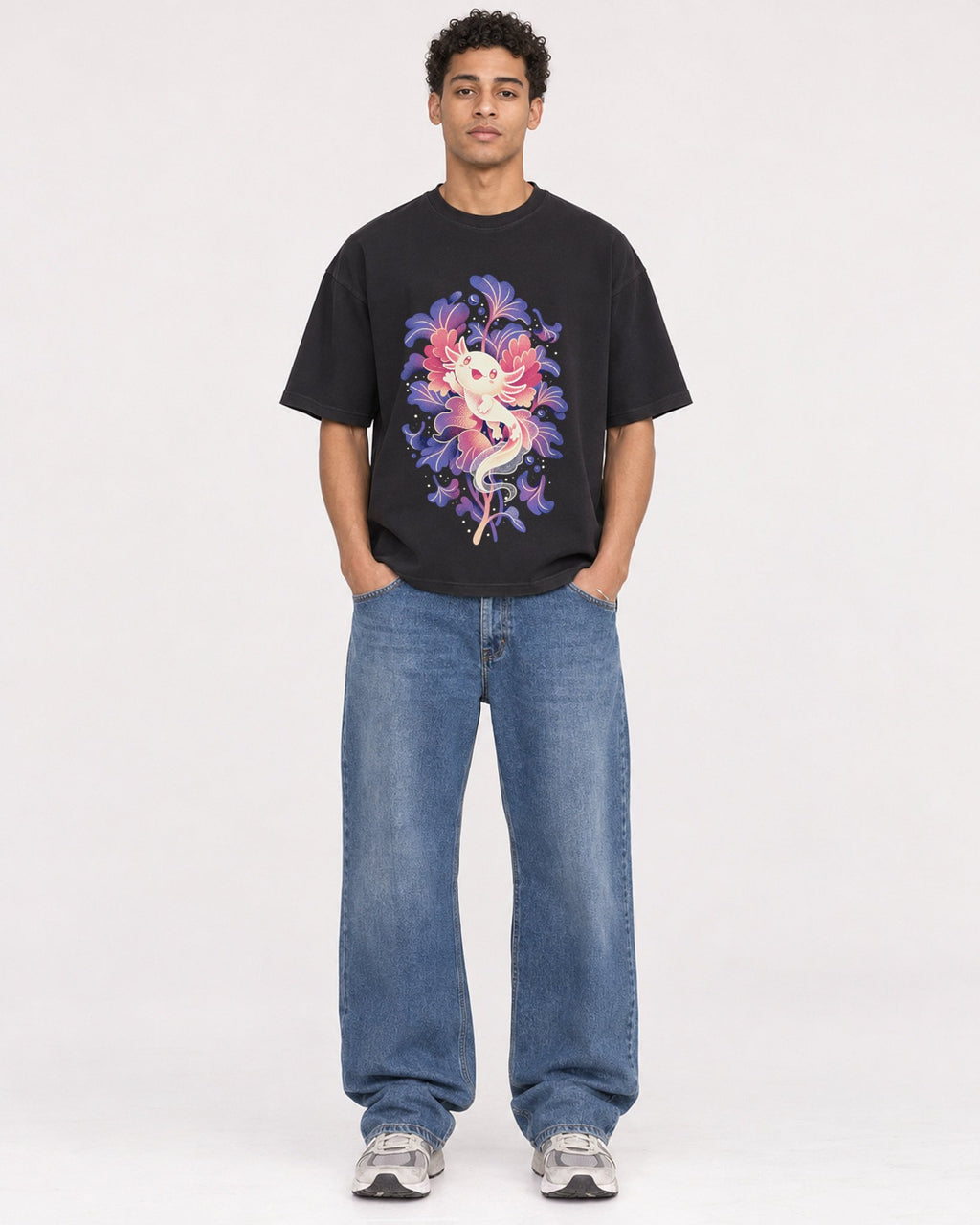 Mockup Boxy Heavyweight Tee Black male full-body 10