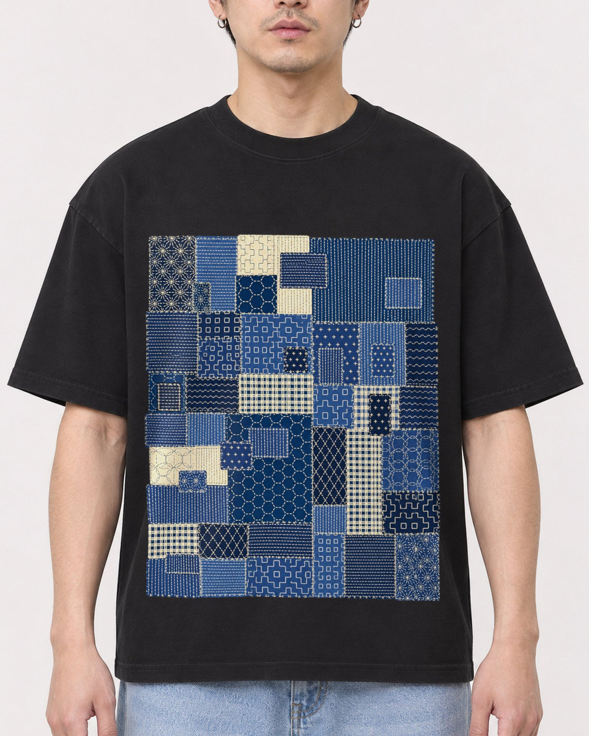 Mockup Boxy Heavyweight Tee Black male close-up 13