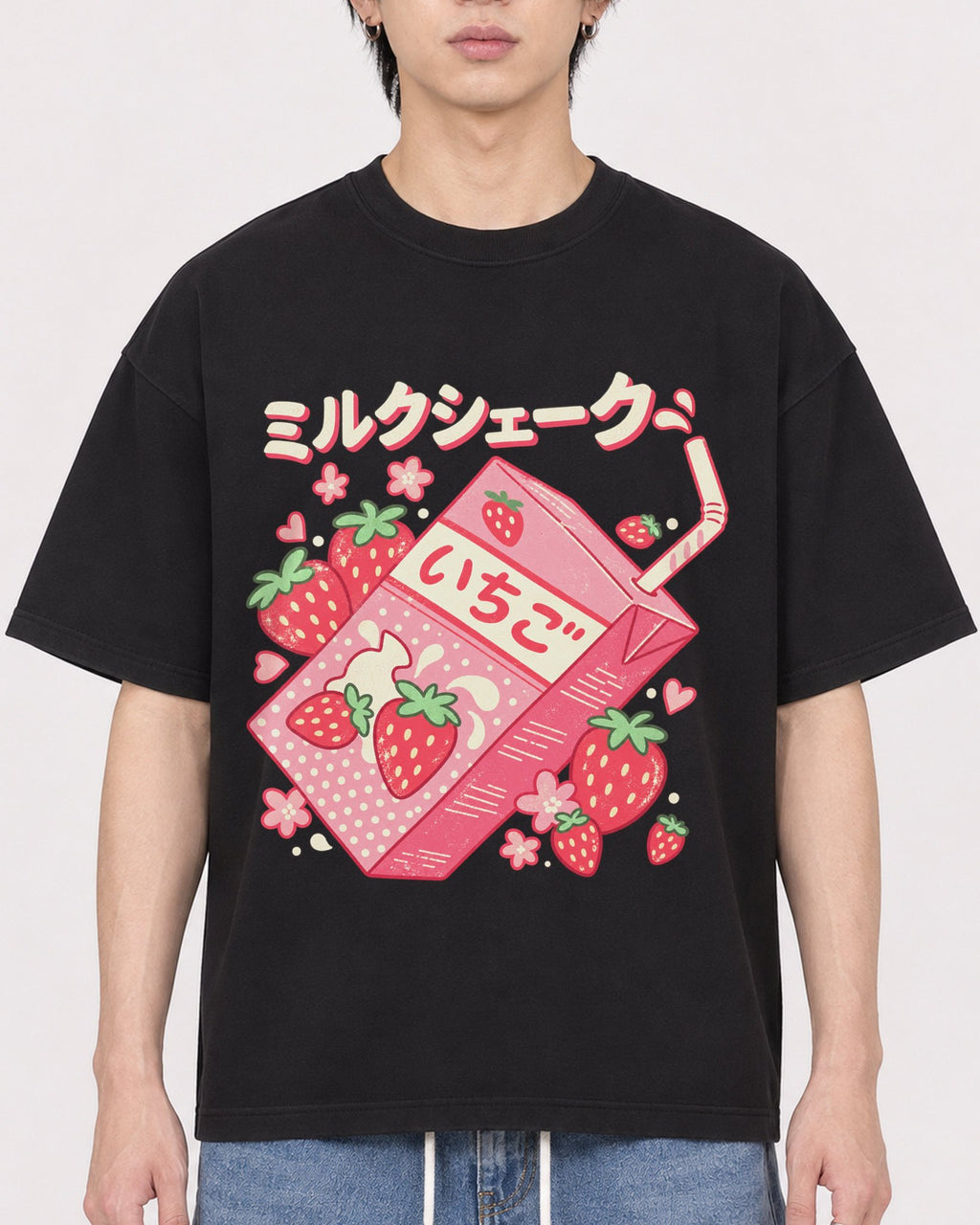 Mockup Boxy Heavyweight Tee Black male close-up 11