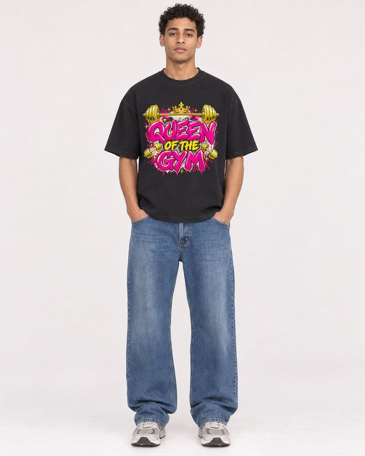 Mockup Boxy Heavyweight Tee Black male full-body 10