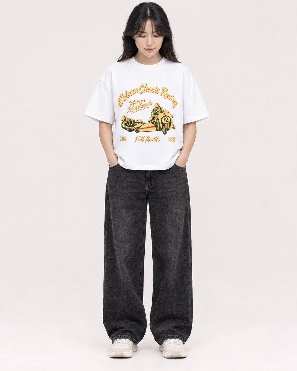 Mockup Boxy Heavyweight Tee White female full-body 13