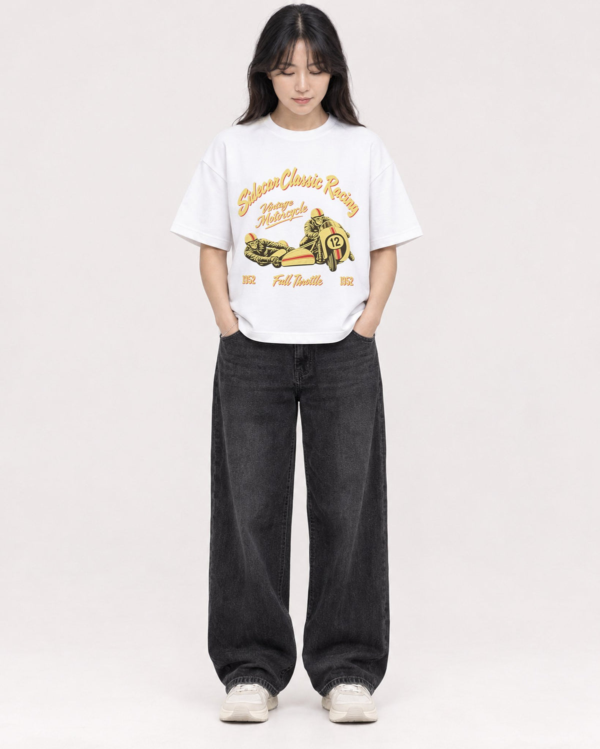 Mockup Boxy Heavyweight Tee White female full-body 13