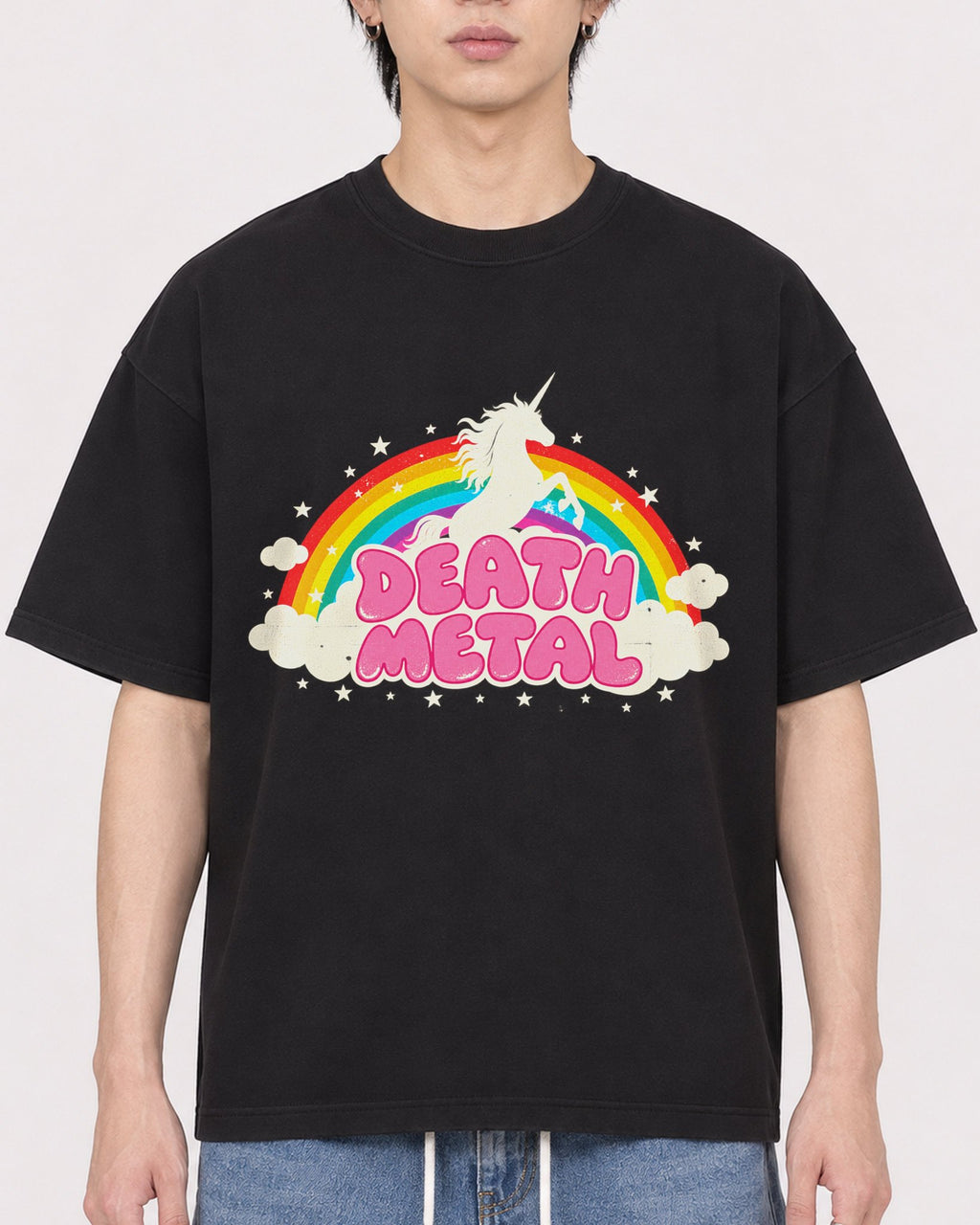 Mockup Boxy Heavyweight Tee Black male close-up 11