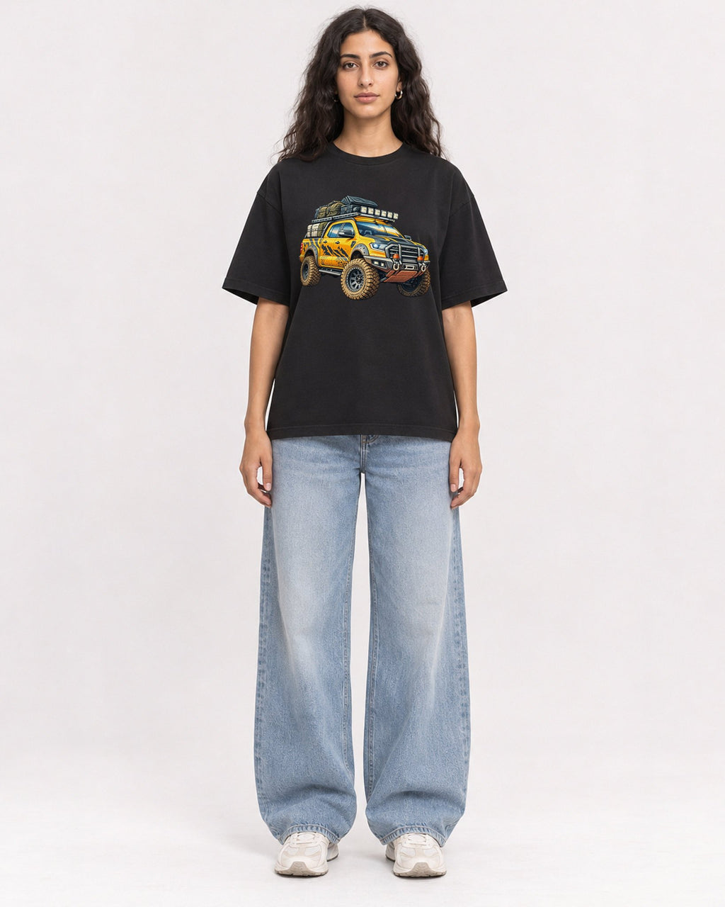 Mockup Boxy Heavyweight Tee Black female full-body 07