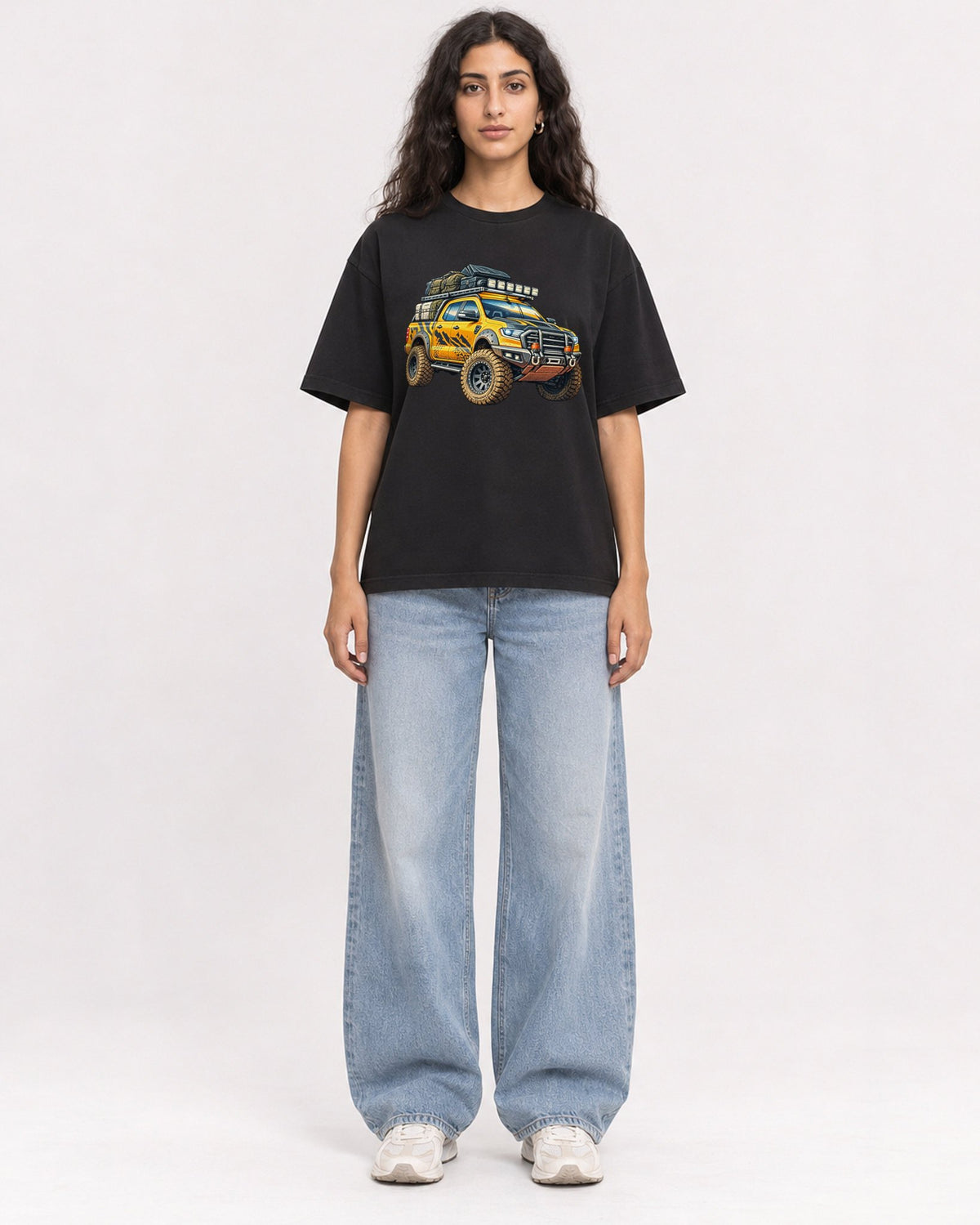 Mockup Boxy Heavyweight Tee Black female full-body 07