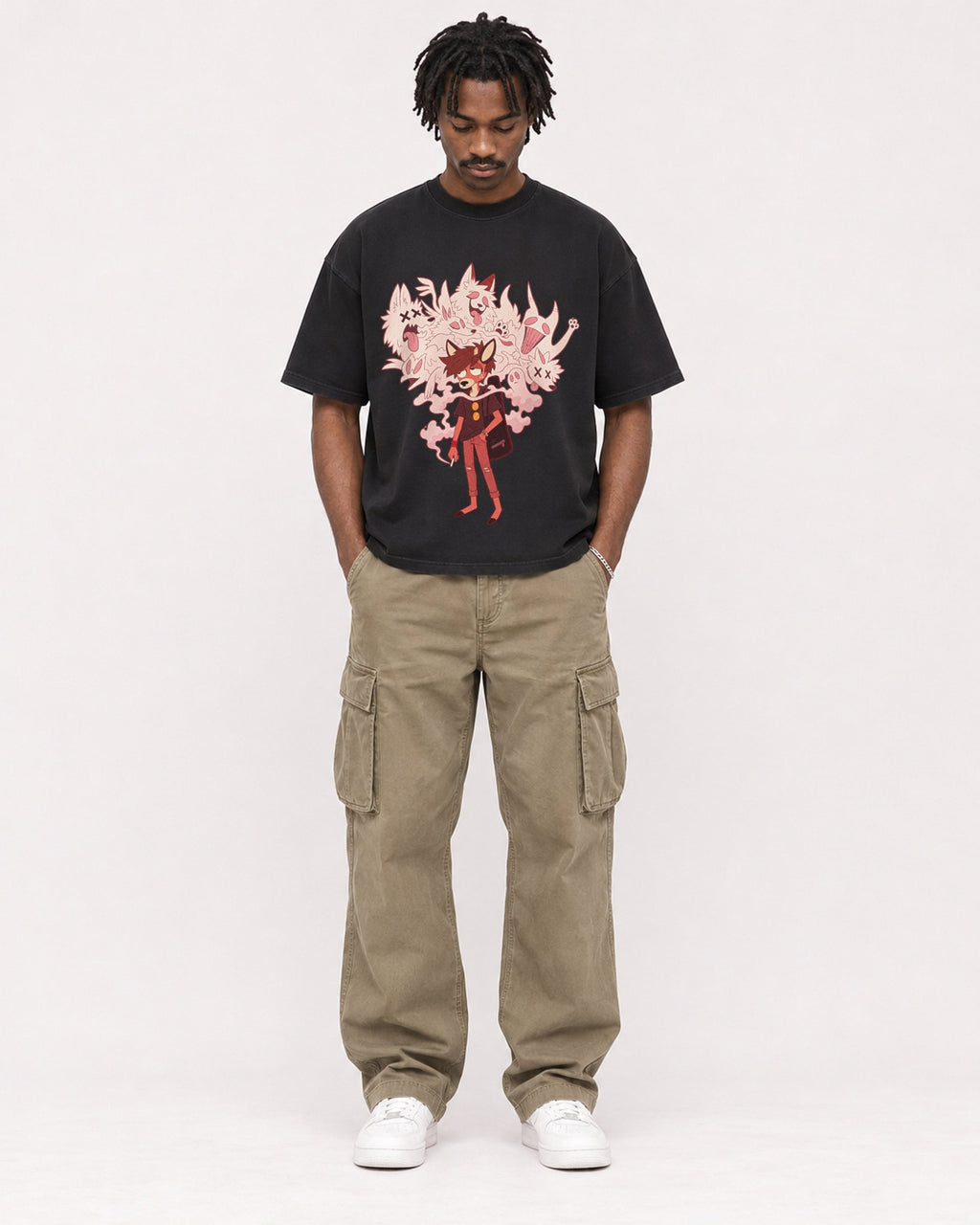 Mockup Boxy Heavyweight Tee Black male full-body 04