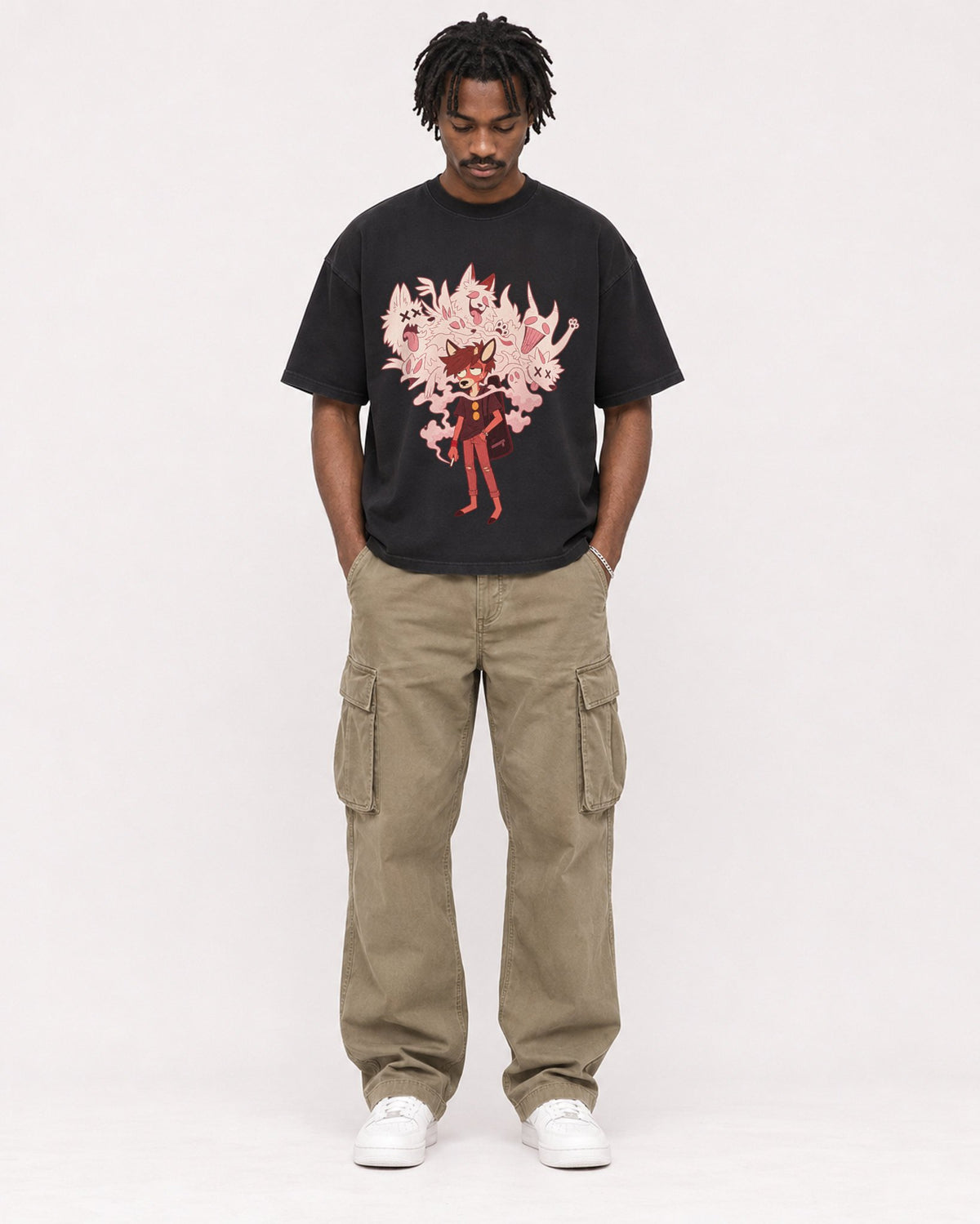 Mockup Boxy Heavyweight Tee Black male full-body 04