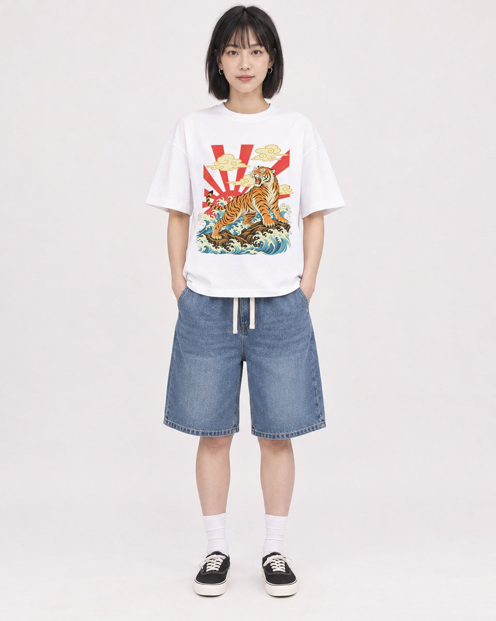 Mockup Boxy Heavyweight Tee White female full-body 11