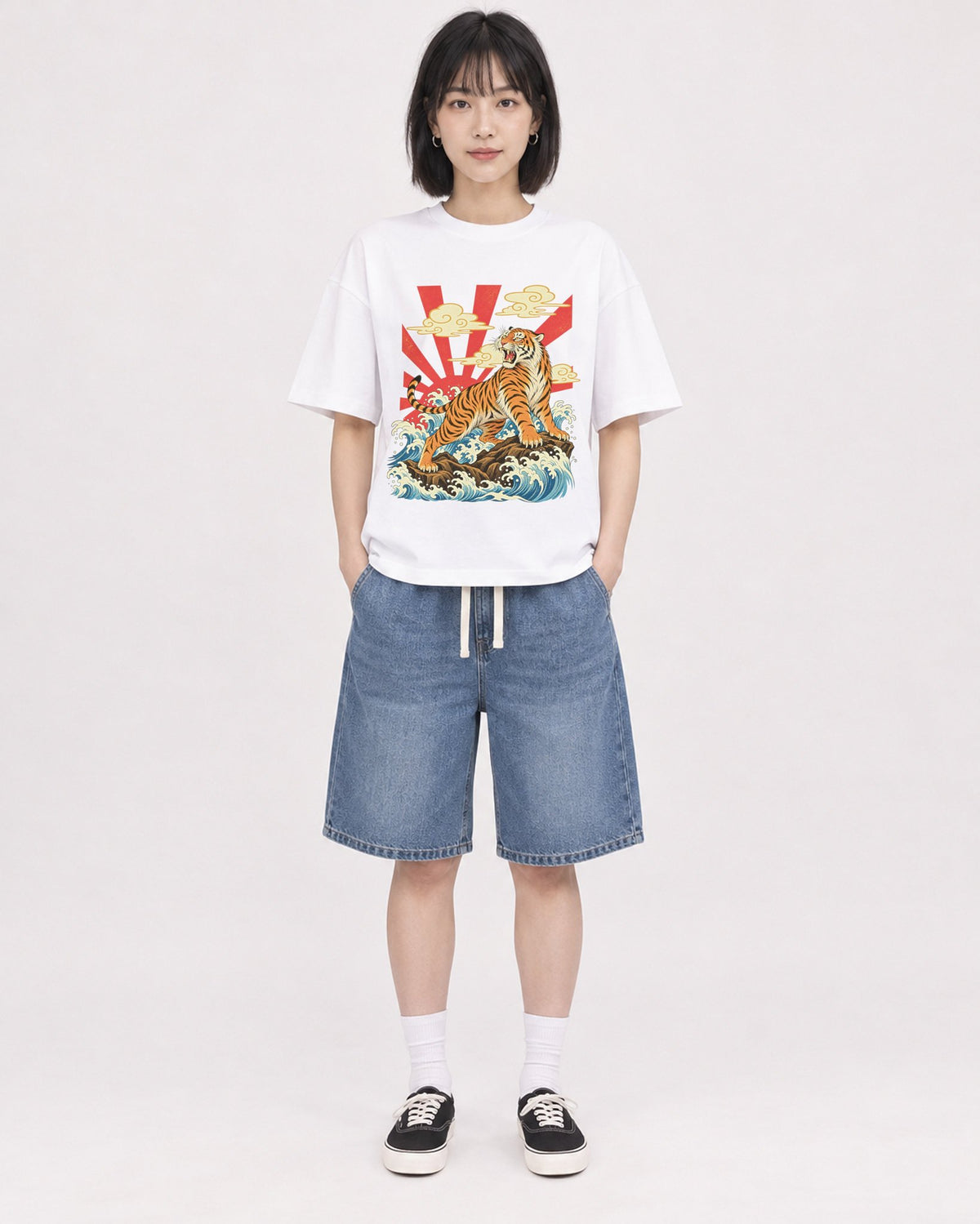 Mockup Boxy Heavyweight Tee White female full-body 11