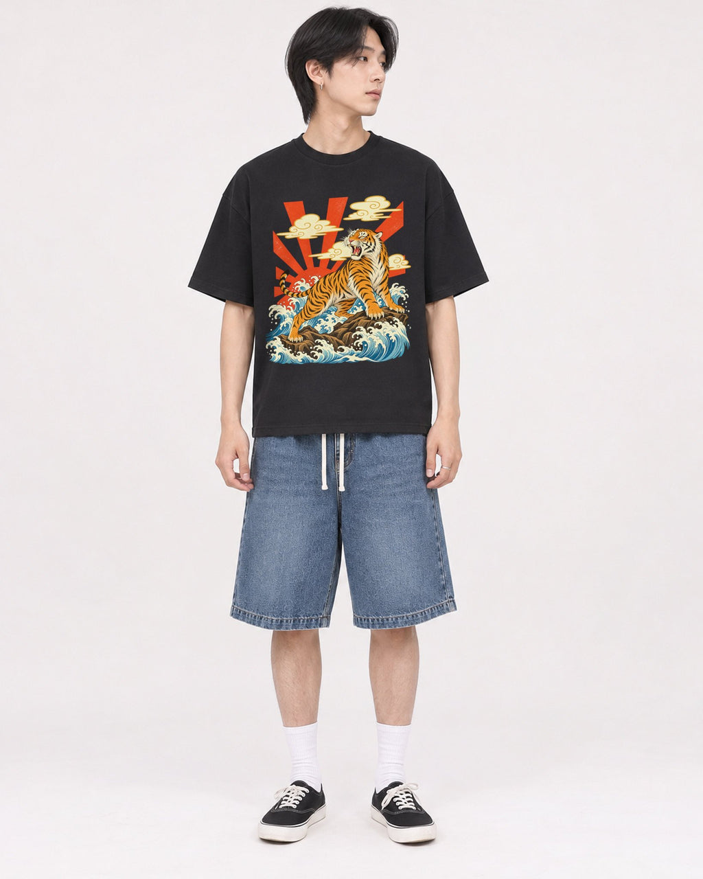 Mockup Boxy Heavyweight Tee Black male full-body 11