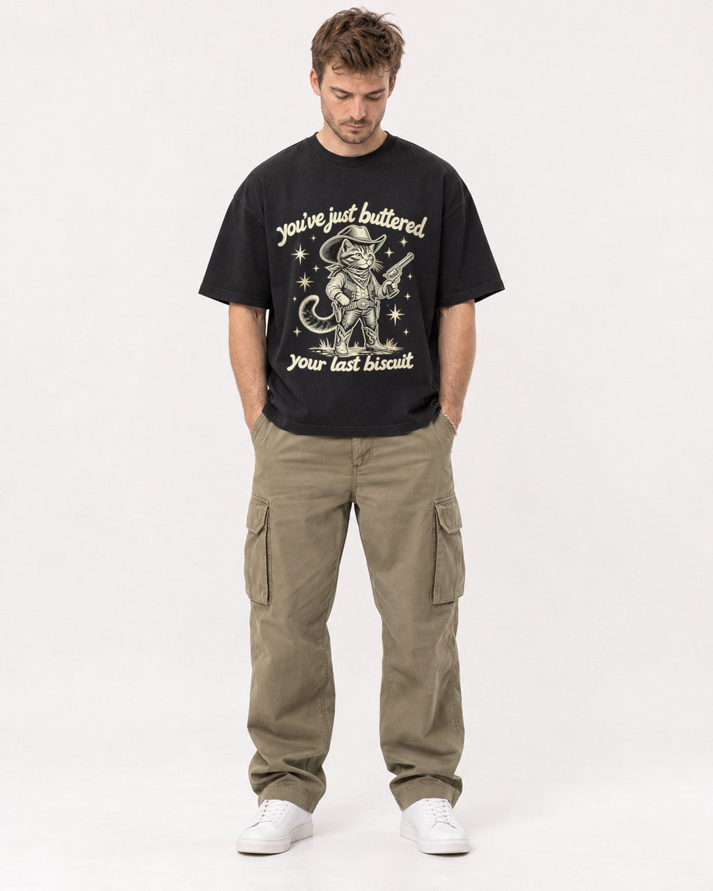 Mockup Boxy Heavyweight Tee Black male full-body 08