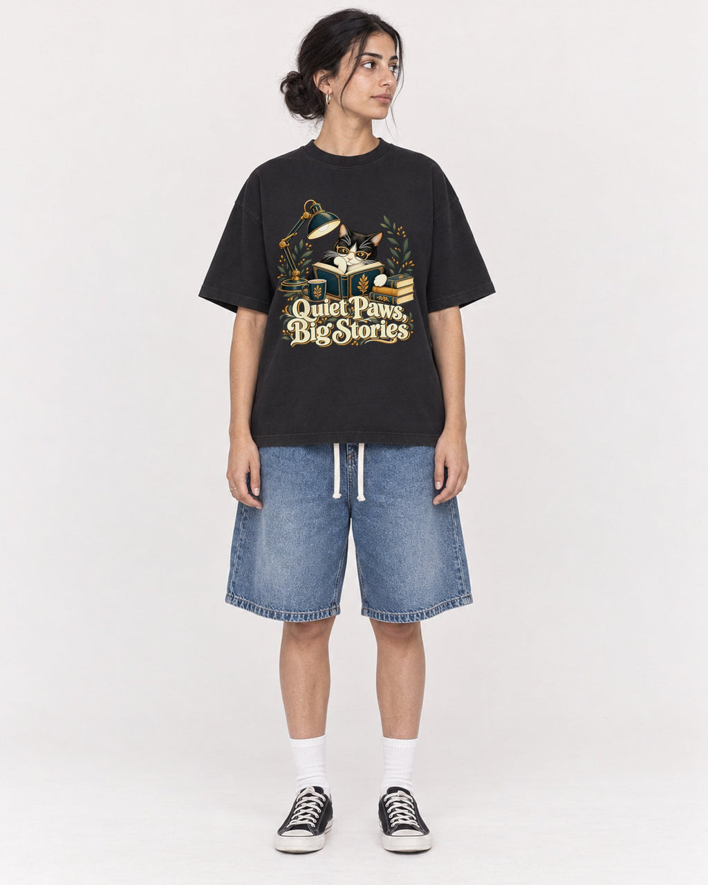 Mockup Boxy Heavyweight Tee Black female full-body 17