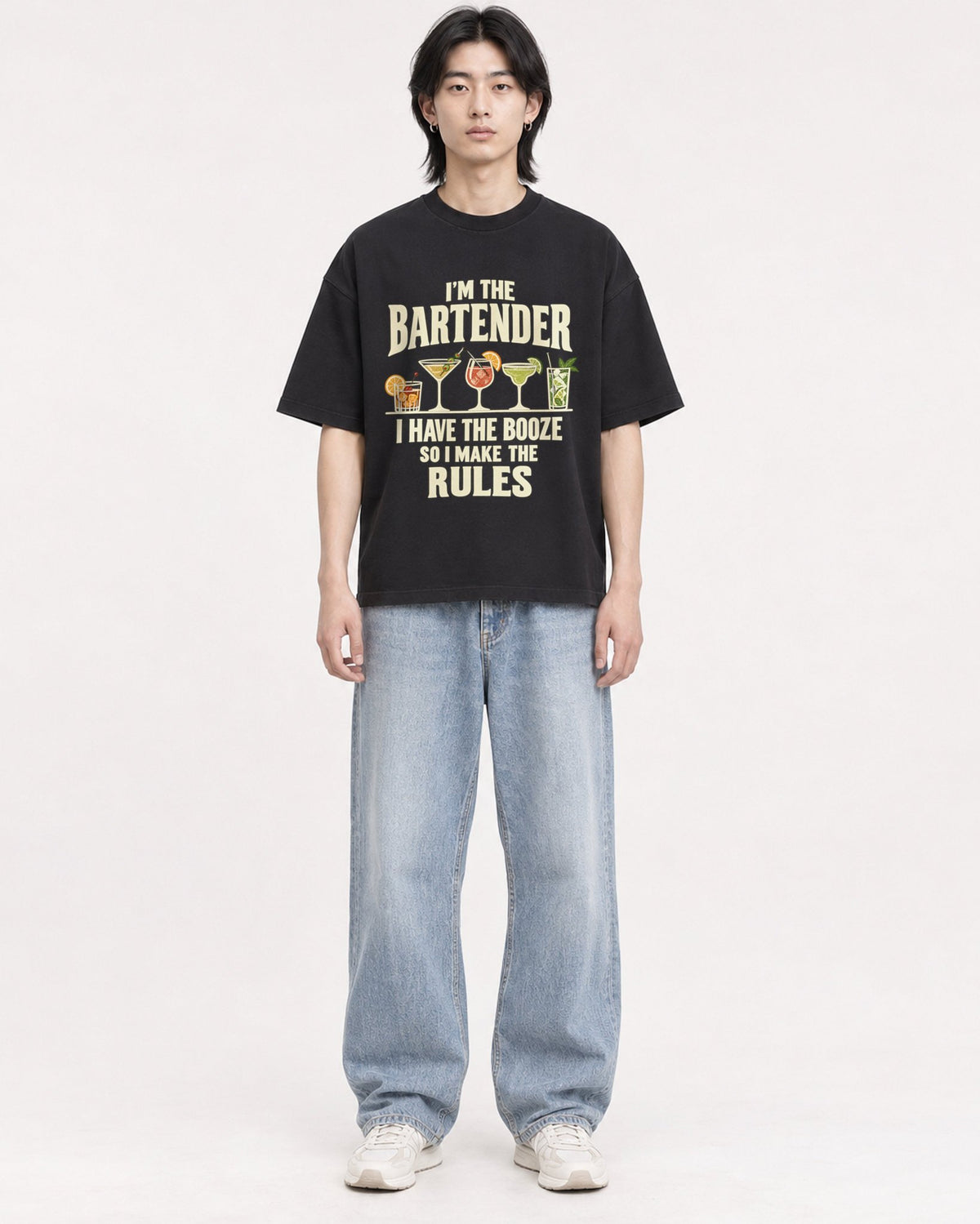 Mockup Boxy Heavyweight Tee Black male full-body 41
