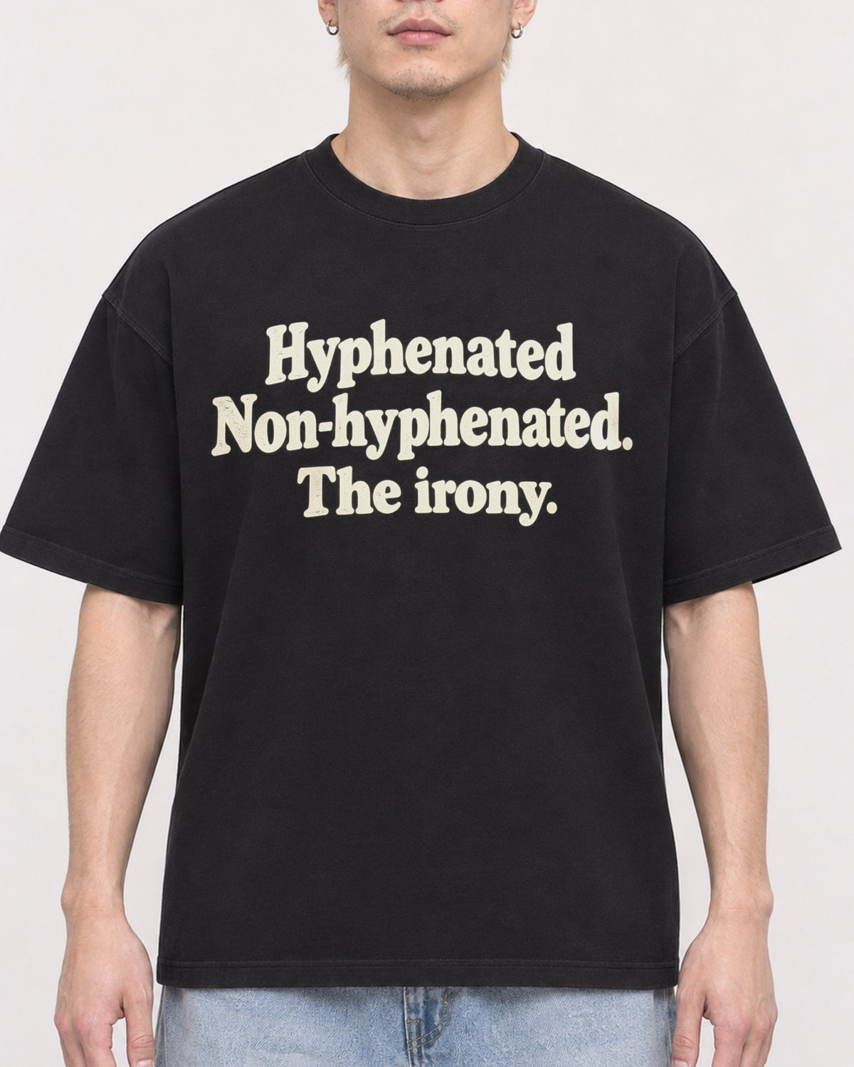Mockup Boxy Heavyweight Tee Black male close-up 33