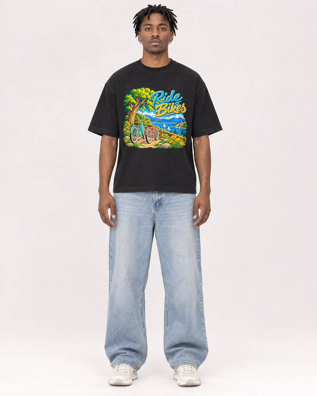 Mockup Boxy Heavyweight Tee Black male full-body 05