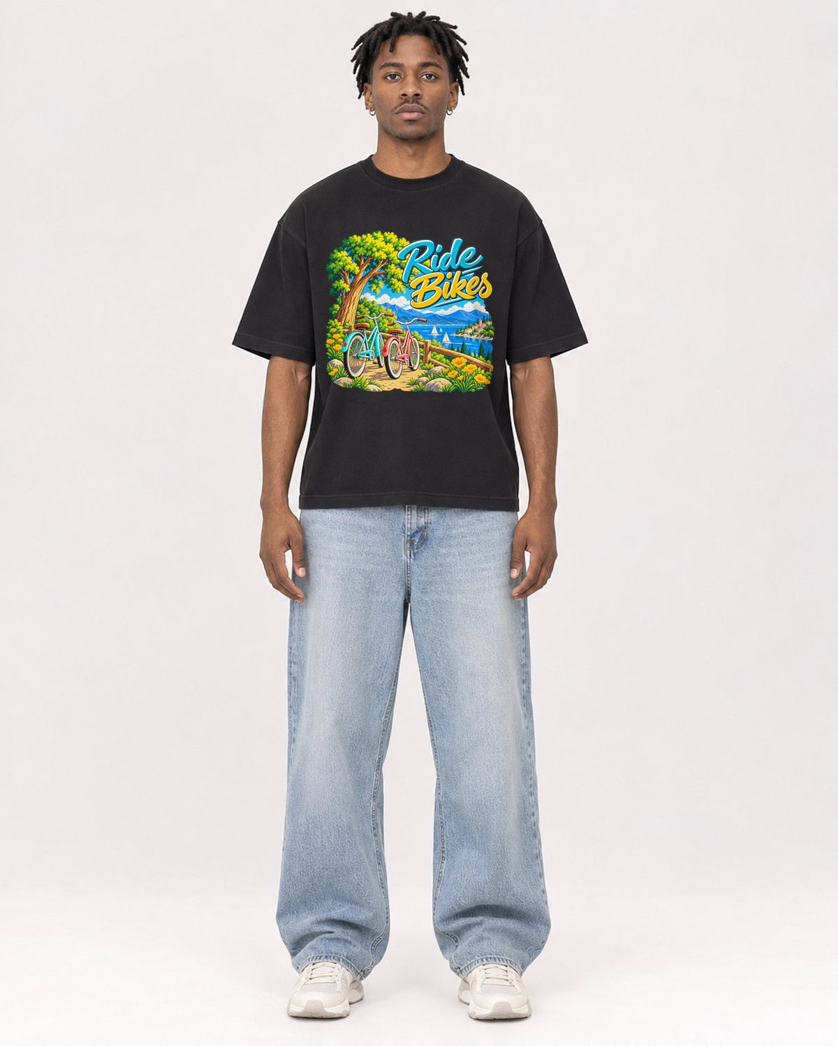 Mockup Boxy Heavyweight Tee Black male full-body 05