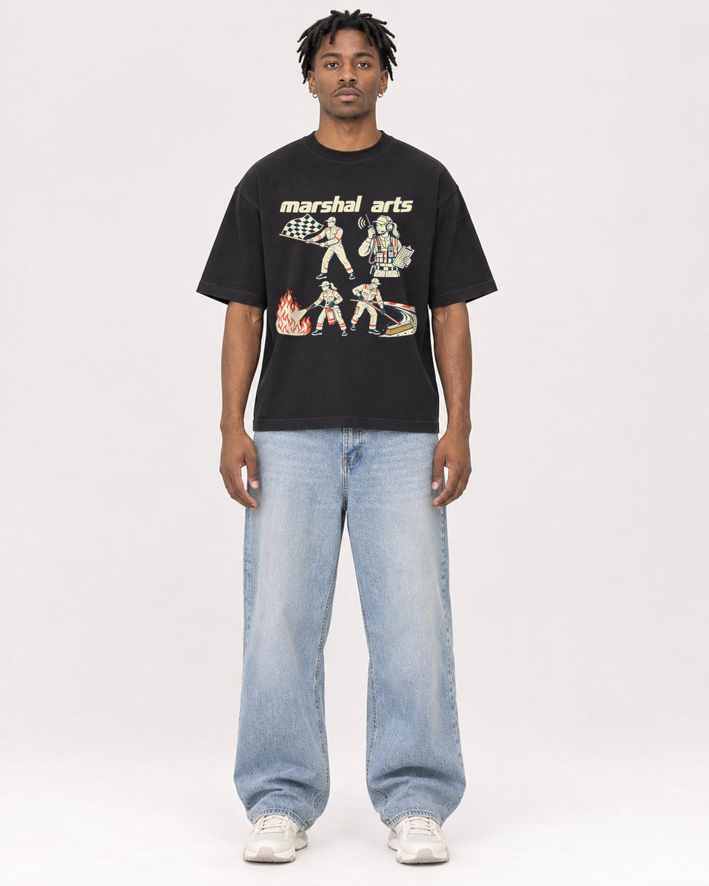 Mockup Boxy Heavyweight Tee Black male full-body 05