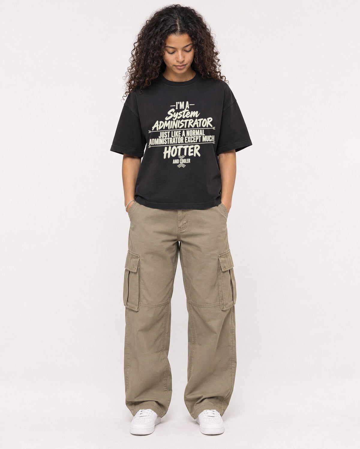 Mockup Boxy Heavyweight Tee Black female full-body 10