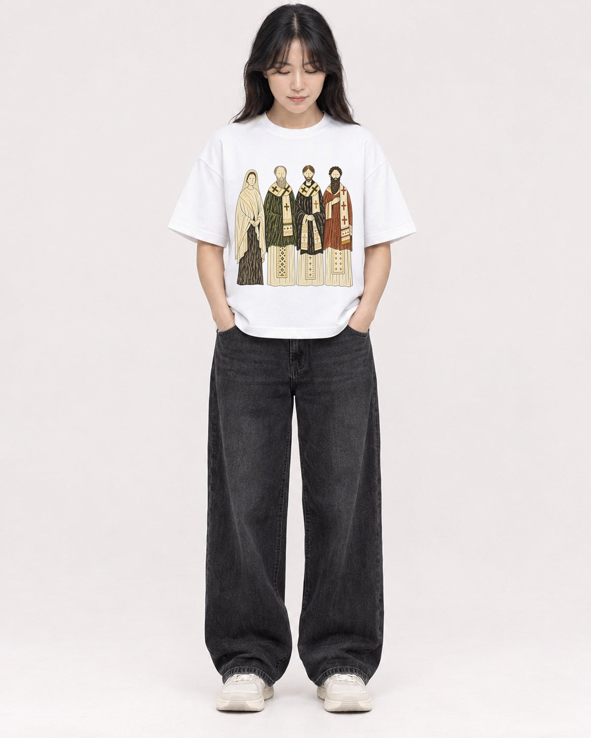 Mockup Boxy Heavyweight Tee White female full-body 13