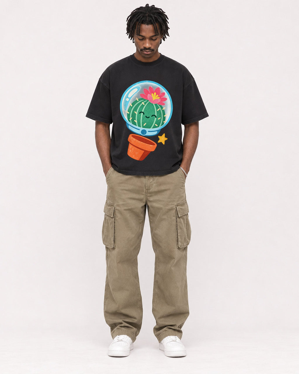 Mockup Boxy Heavyweight Tee Black male full-body 04