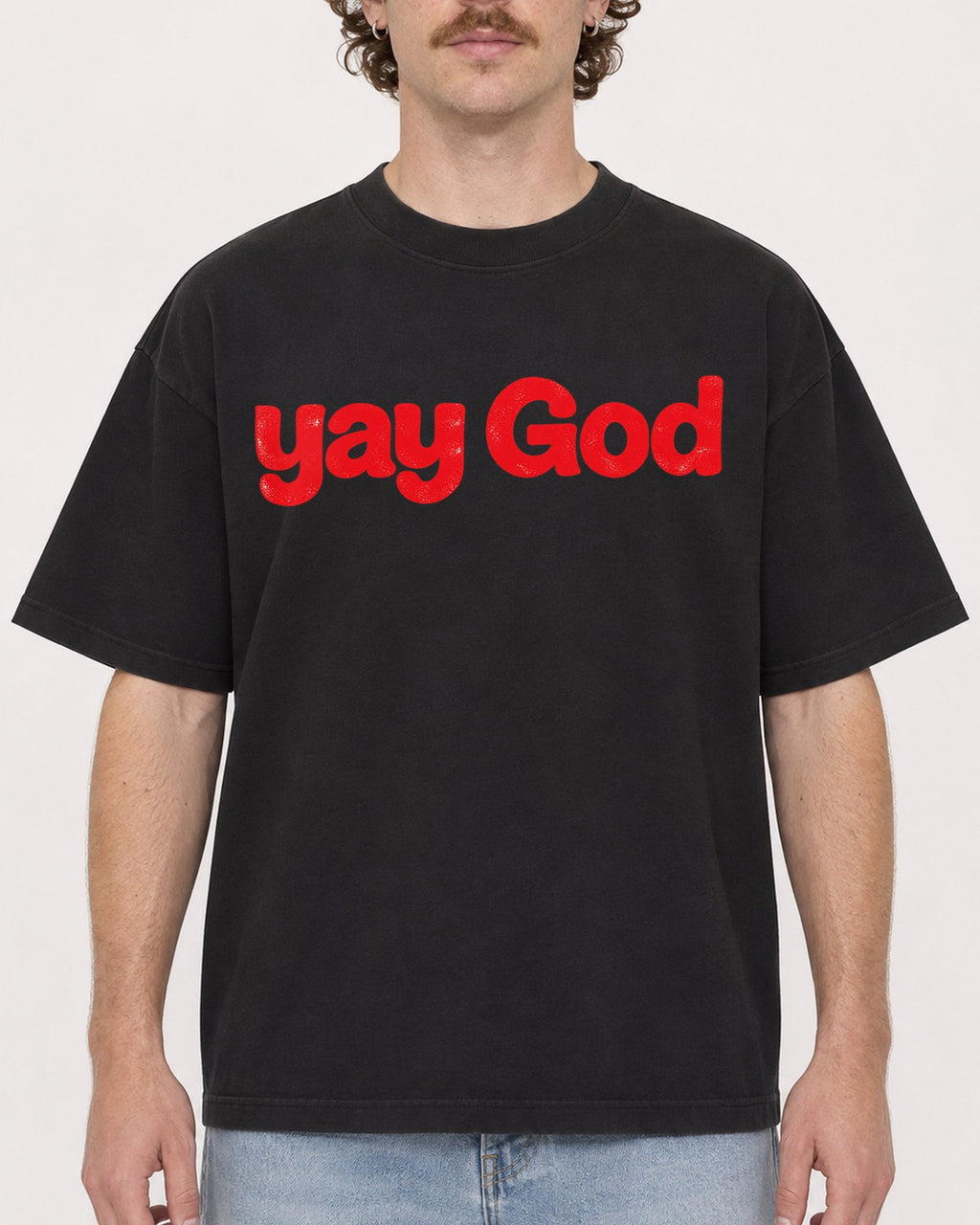 Mockup Boxy Heavyweight Tee Black male close-up 09