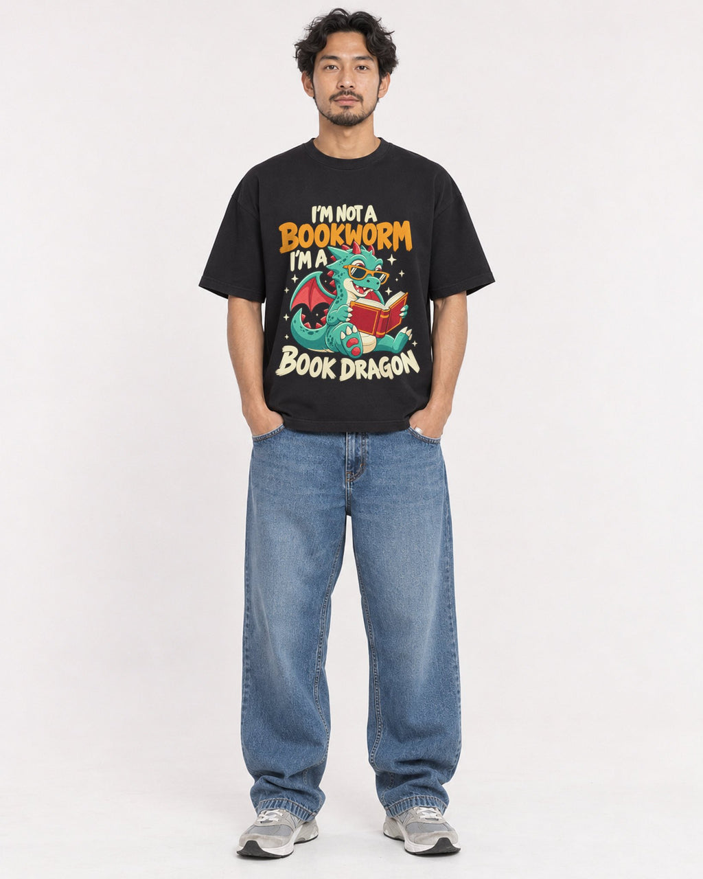 Mockup Boxy Heavyweight Tee Black male full-body 02