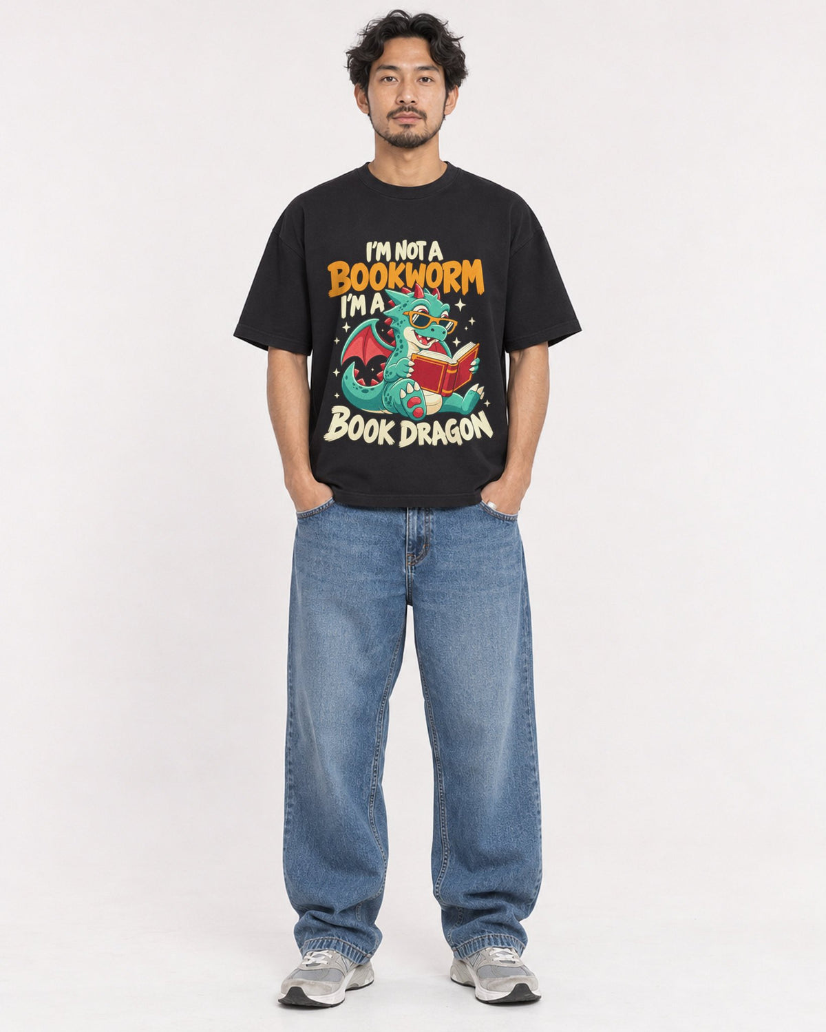 Mockup Boxy Heavyweight Tee Black male full-body 02