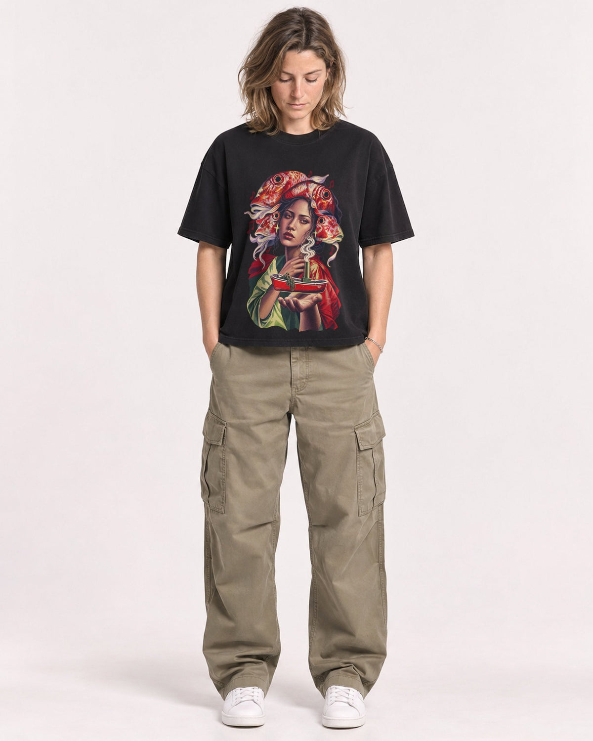 Mockup Boxy Heavyweight Tee Black female full-body 38