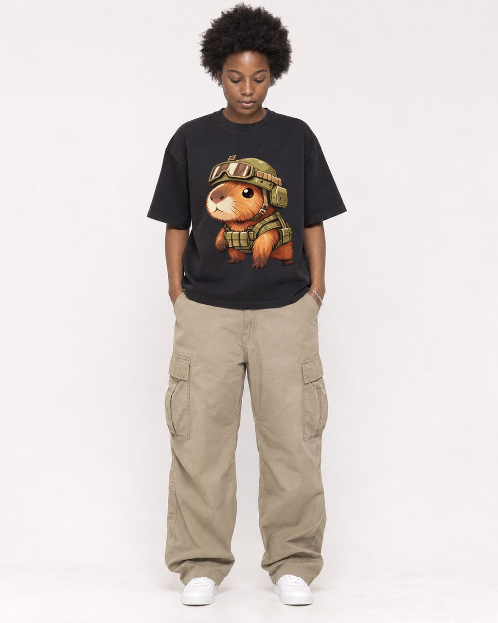 Mockup Boxy Heavyweight Tee Black female full-body 14