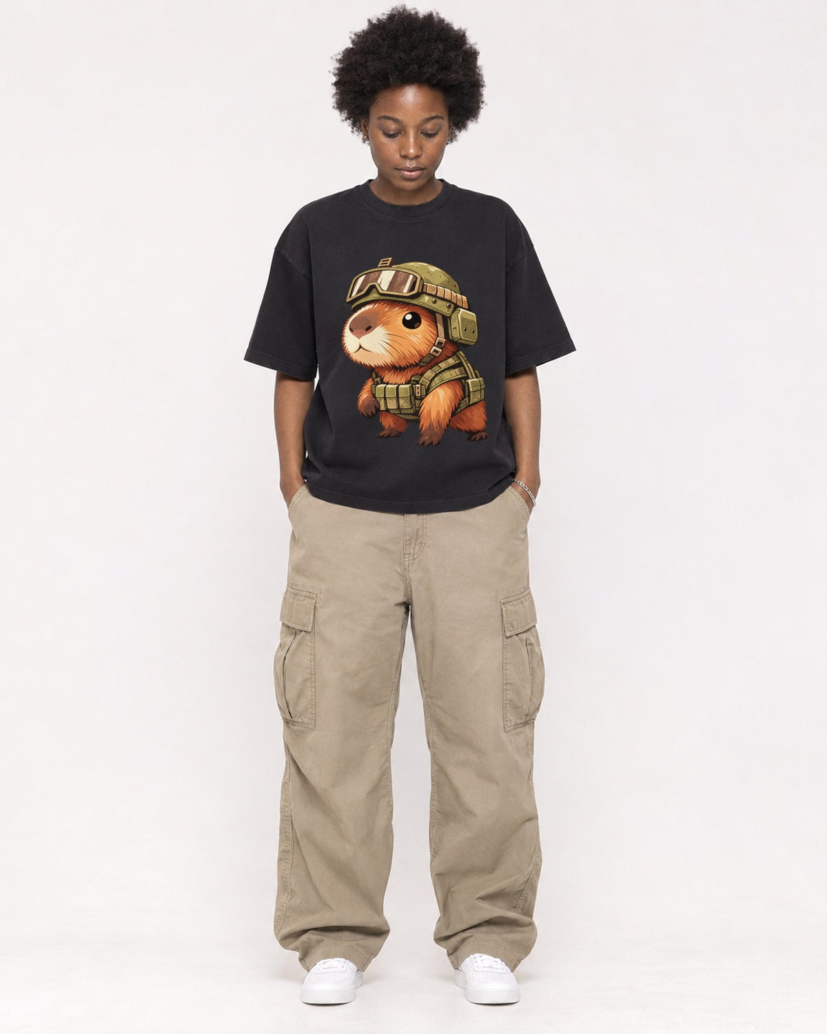 Mockup Boxy Heavyweight Tee Black female full-body 14