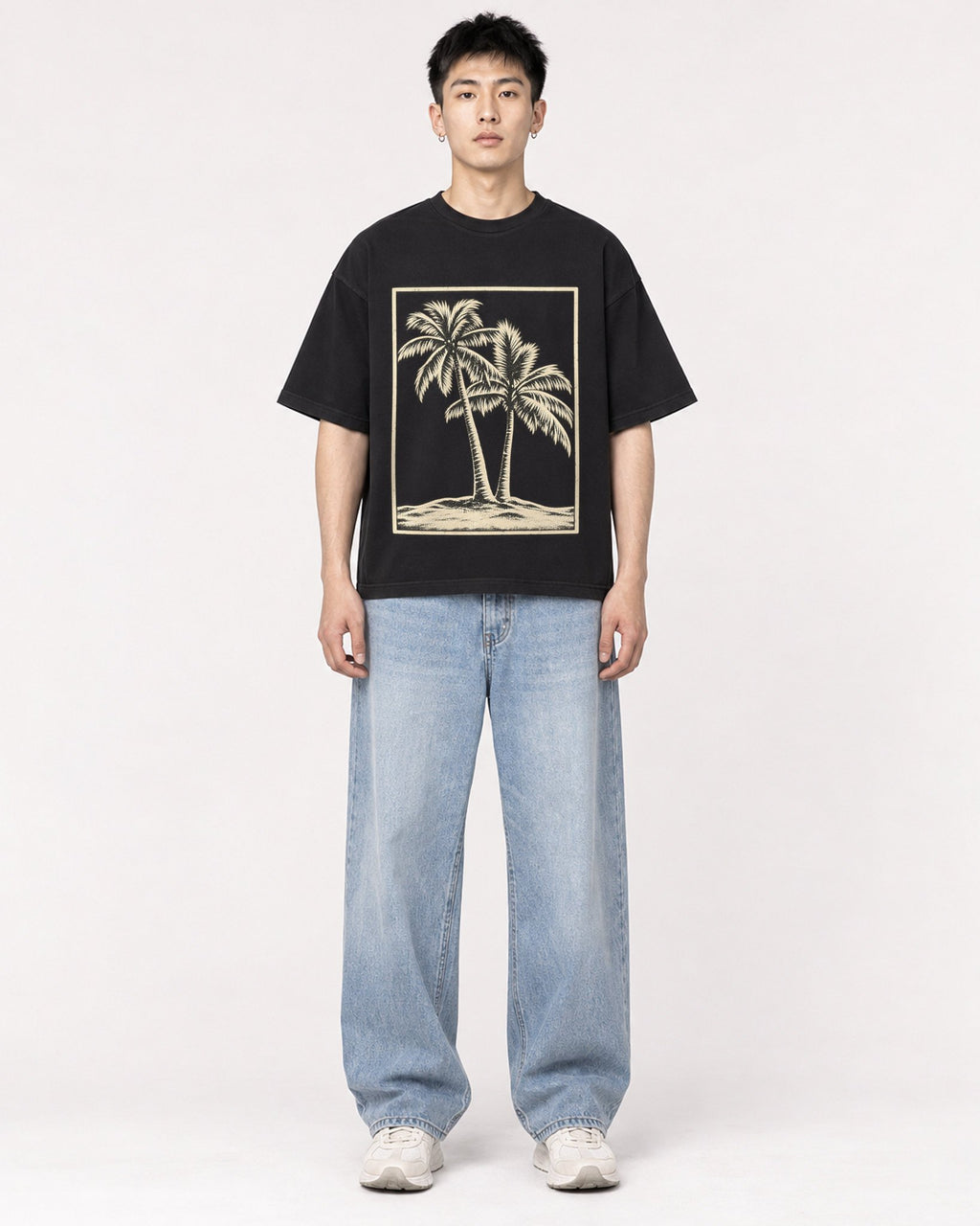 Mockup Boxy Heavyweight Tee Black male full-body 21