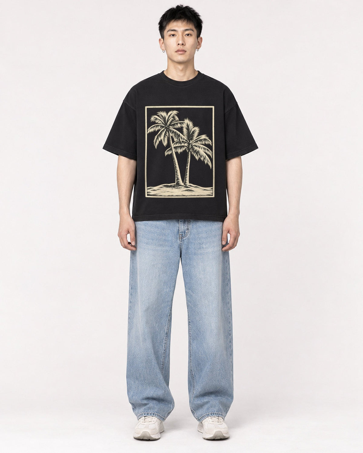 Mockup Boxy Heavyweight Tee Black male full-body 21