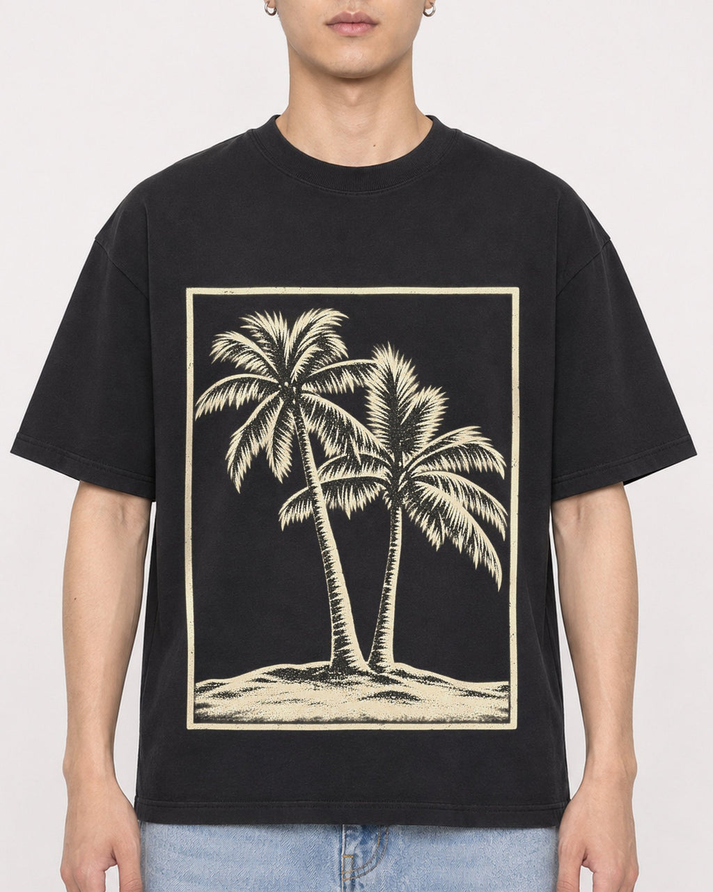Mockup Boxy Heavyweight Tee Black male close-up 21