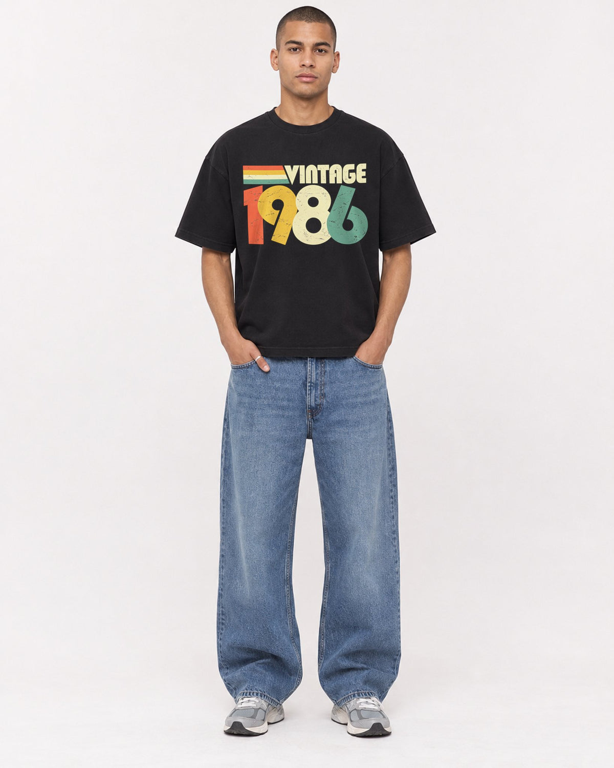 Mockup Boxy Heavyweight Tee Black male full-body 50