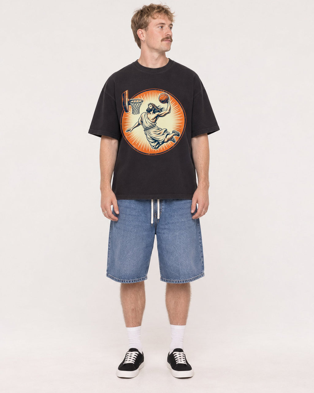 Mockup Boxy Heavyweight Tee Black male full-body 19