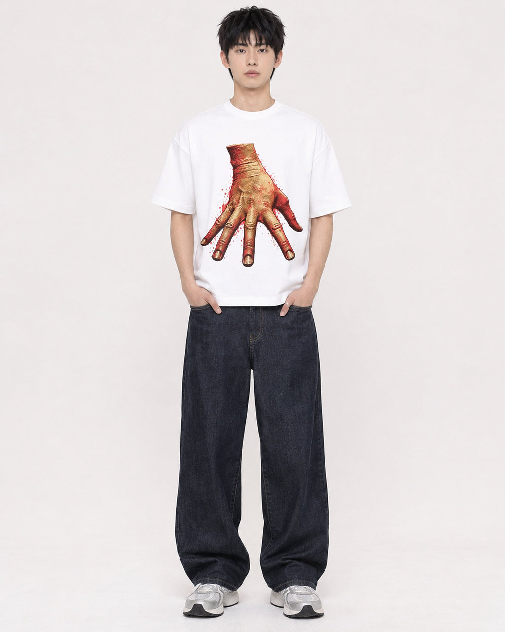 Mockup Boxy Heavyweight Tee White male full-body 01