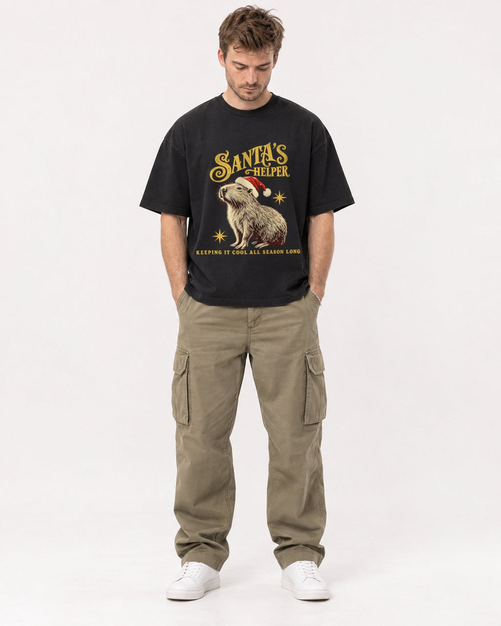 Mockup Boxy Heavyweight Tee Black male full-body 08