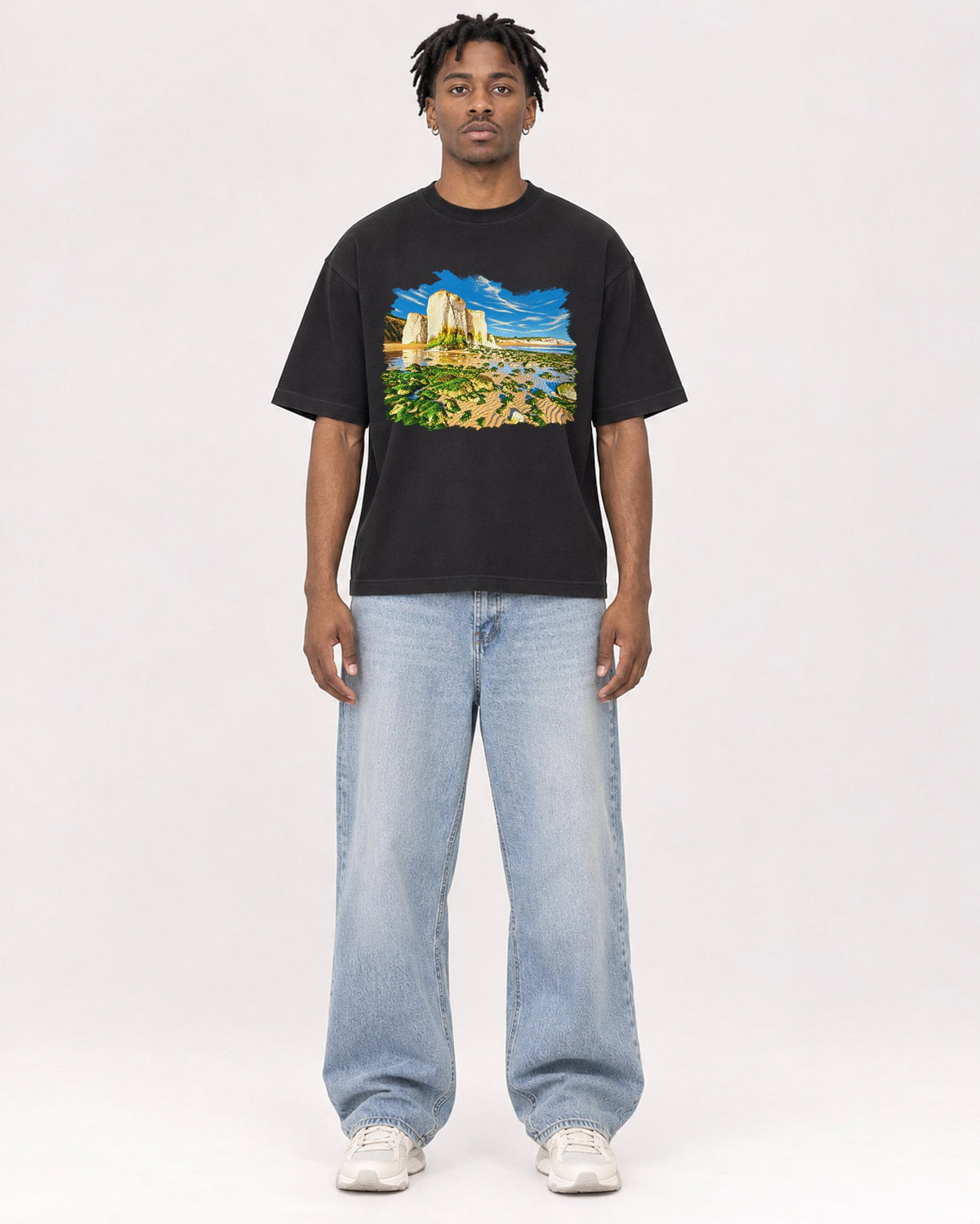 Mockup Boxy Heavyweight Tee Black male full-body 05
