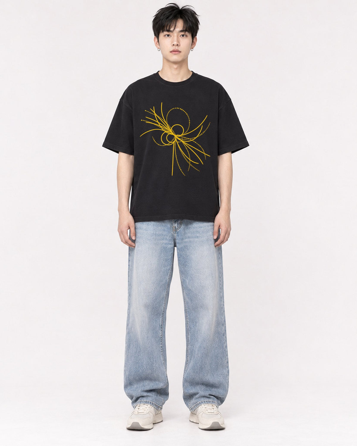 Mockup Boxy Heavyweight Tee Black male full-body 01