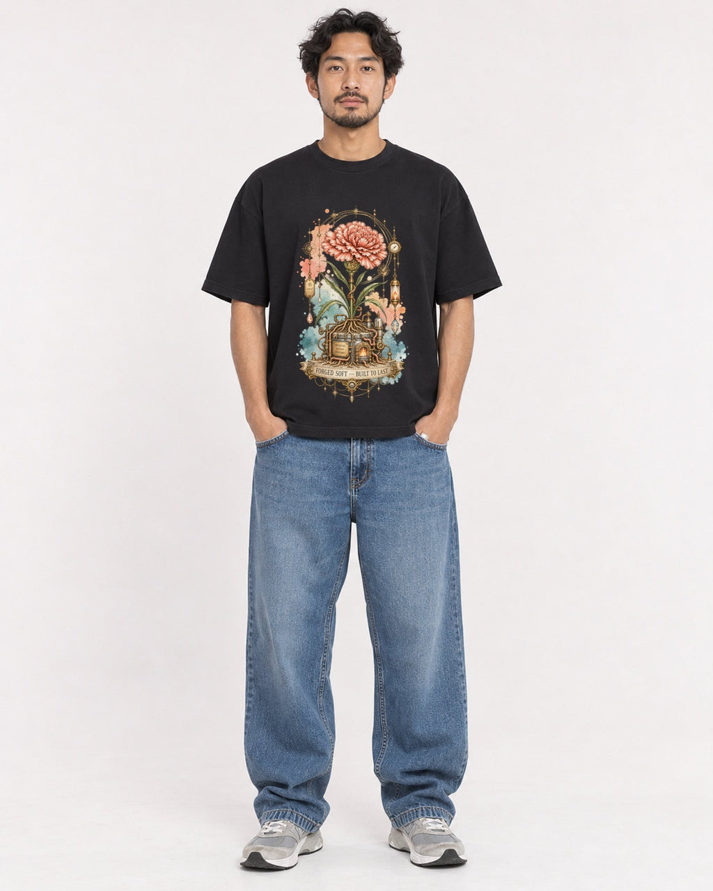 Mockup Boxy Heavyweight Tee Black male full-body 02