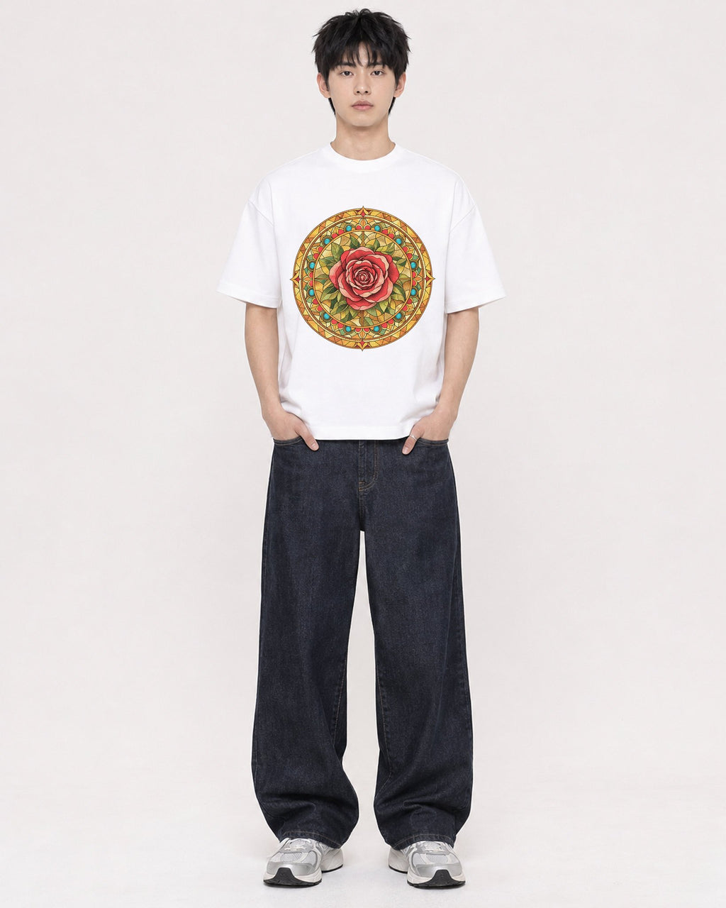 Mockup Boxy Heavyweight Tee White male full-body 01