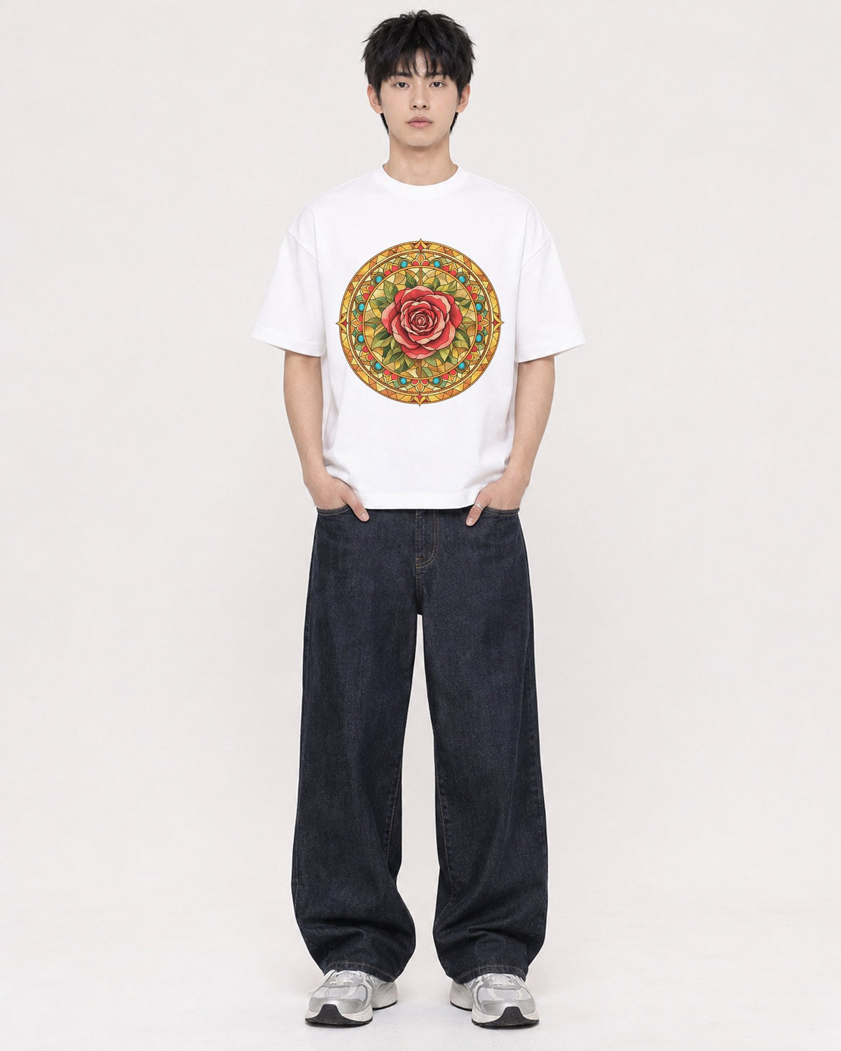 Mockup Boxy Heavyweight Tee White male full-body 01