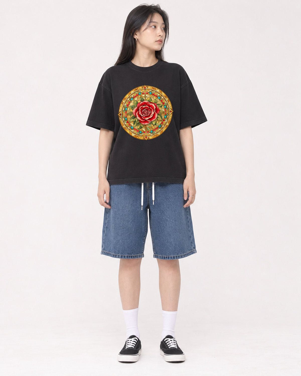Mockup Boxy Heavyweight Tee Black female full-body 01