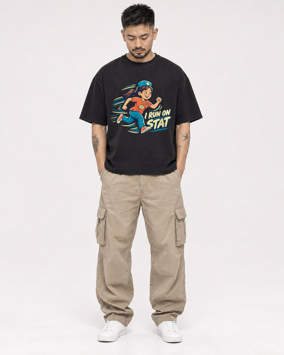 Mockup Boxy Heavyweight Tee Black male full-body 12