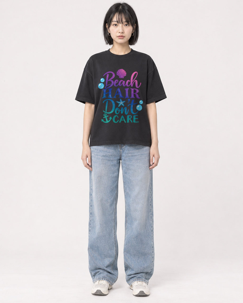 Mockup Boxy Heavyweight Tee Black female full-body 11