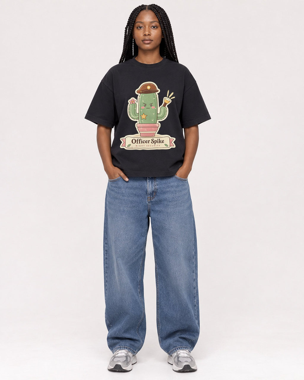 Mockup Boxy Heavyweight Tee Black female full-body 04